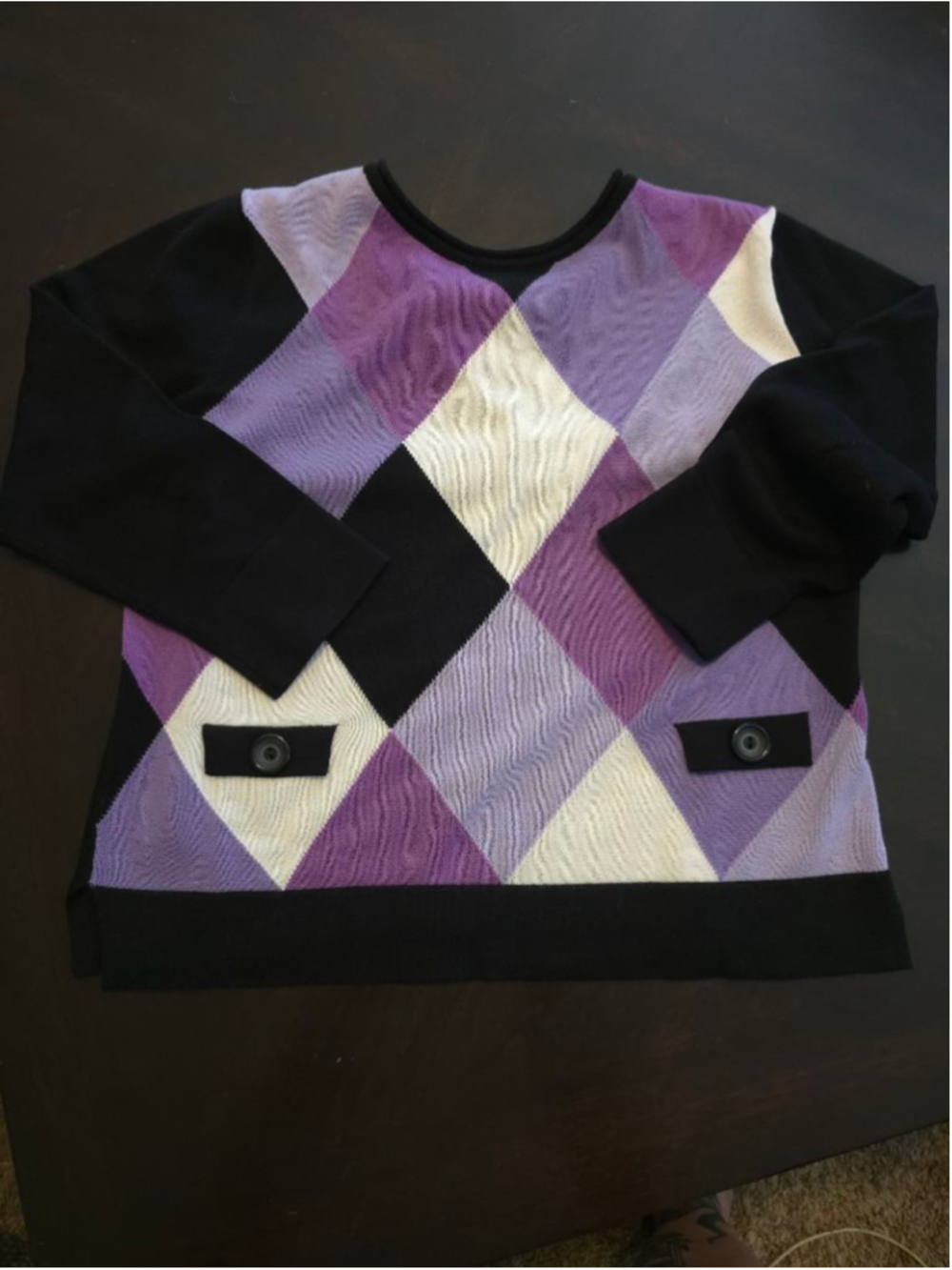Women's Vintage 90s Argyle Crew Neck Top M Purple Black Lightweight 3/4 sleeve